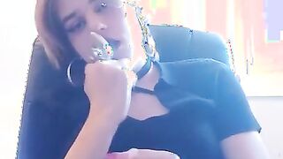 Ladyboy wank her lil penis and slurps his own jizm