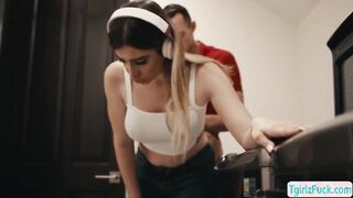 Chesty light-haired transsexual Ivory Mayhem bum-fucked barebcked while doing laundry (MASSIVE BUTT, Giant Donk, Yam-Sized Culo)