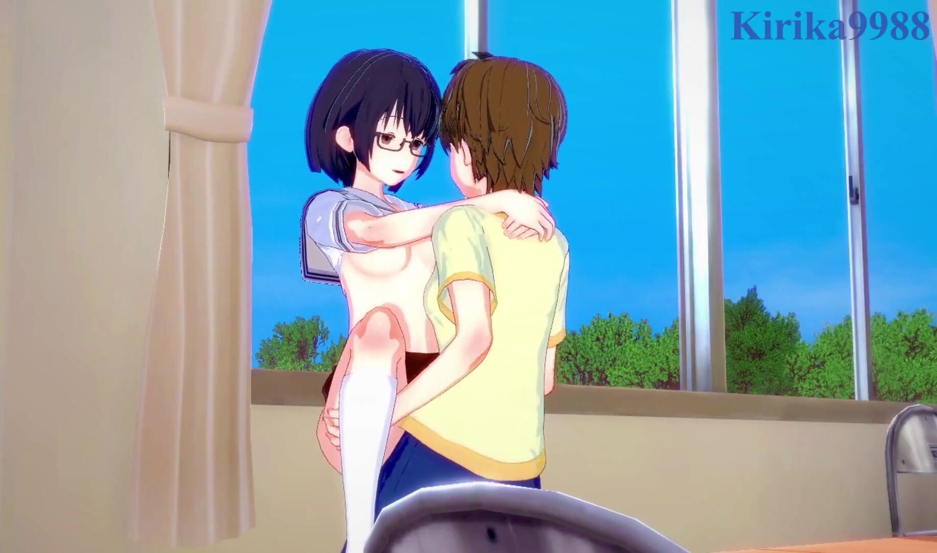 Kasumi Nomura and Chisato Higuchi have strenuous hermaphroditism bang-out  in the library. - Asobi Asobase Anime Porn