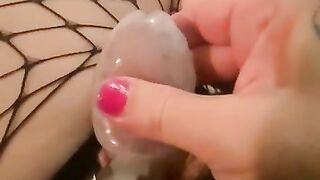 Sissy in fishents, high-heeled slippers and encaged taunting. Punk honey.