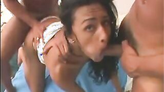 Dark Haired she-male taking care of 2 rods!