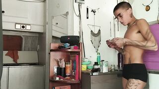 Glorious stomach dance in undergarments while spinning a spliff. Stoner get stoned. Puny funbags & nerdy glasses.