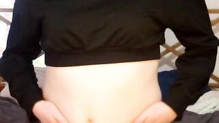 Trans lady masturbates self from behind. Spunking on my sofa arched over.