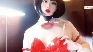 Asian femboy cosplays as a bunny gal and jerks