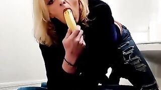 Trans nymph shoots a load forearms free-for-all deep mouths banana