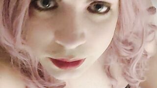 Crossdresser Juvia Jolie masturbates her huge salami while she Looks at you with her pretty face