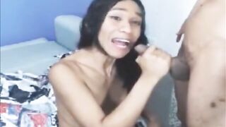 Brunette shemale sucks cock and nailed hard