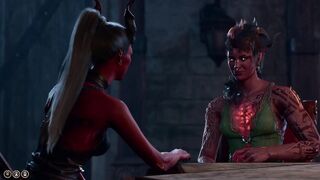 Trans tiefling heads on appointment with Karlach (activity trio romance episode)