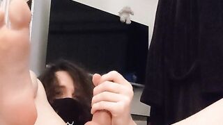 Femboy screws herself with a glass faux-cock and ejaculates