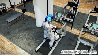 2 she-creatures screw dark haired in a gym threeway